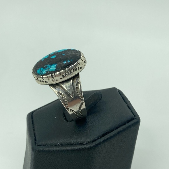 Vtg Sterling Turquoise Navajo Hand Stamped Ring Fred Harvey Era Sz 10 - Picture 5 of 13